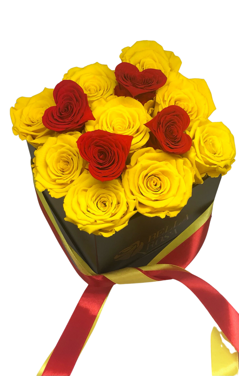 Caja cuadrada con 9 rosas preservadas y 4 mini rosas en forma de corazón.