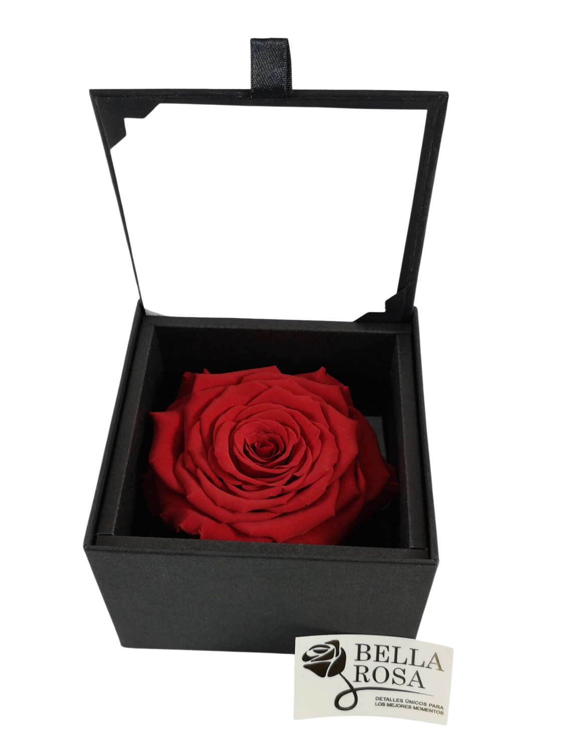 Caja elegante negra (10.5 cm x10.5 cm), con rosa natural preservada color rojo (9cm x 9 cm)