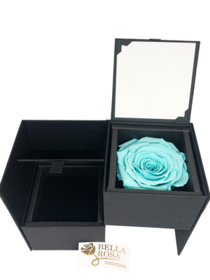 Caja elegante (13cm x 9 cm) rosa natural preservada color turquesa (7cmx 7 cm)