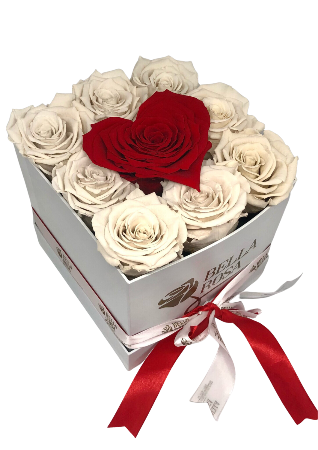 Caja cuadrada con 8 rosas preservada y 1 en forma de corazón