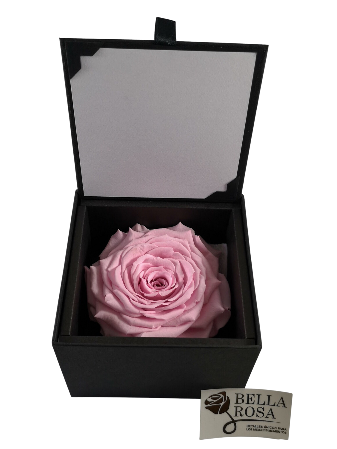 Caja elegante (10.5x 10.5cm ) con rosa natural preservada, (9x 9cm) color rosa