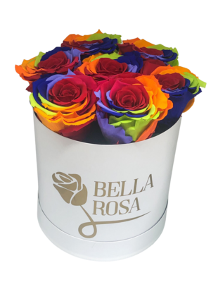 Caja redonda con 7 rosas preservadas multicolor
