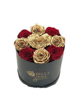 Caja redonda, blanca o negra con 8 rosas y una rosa en forma de corazon