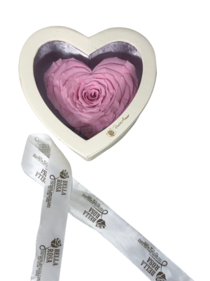 Caja de cuerina, con rosa natural preservada en forma de corazon XXL. 11cm x 11.5 cm x8 cm.