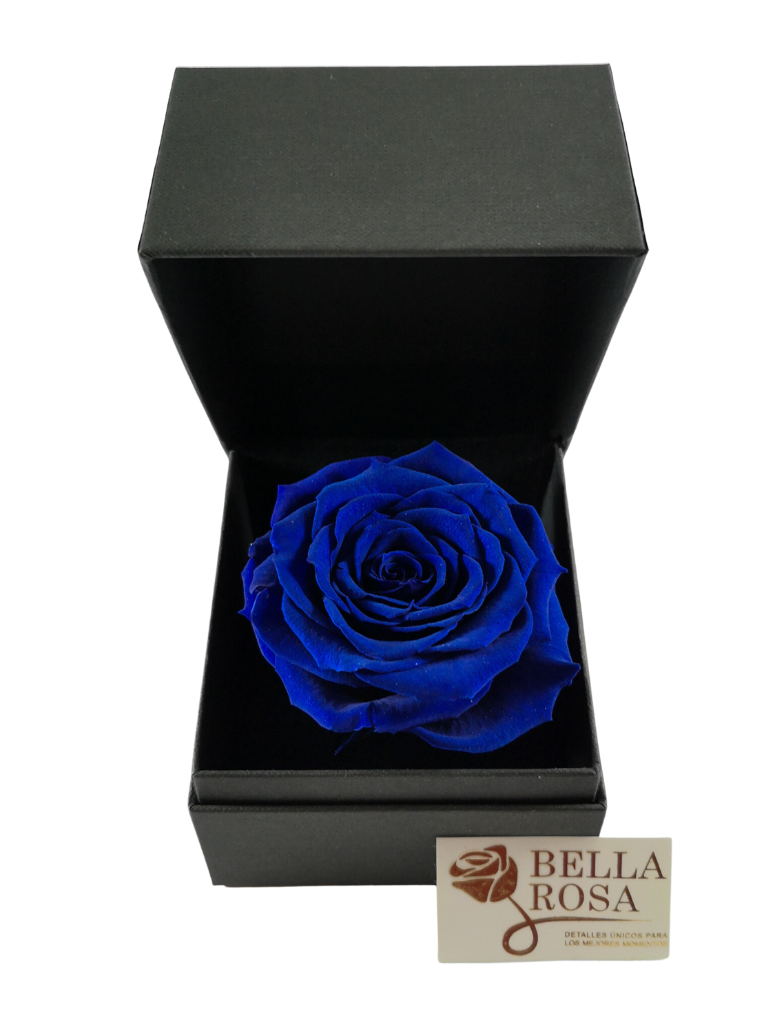 Rosa Preservada Azul (9.5x 9.5cm) en Caja Negra Elegante( 9x 8 cm)