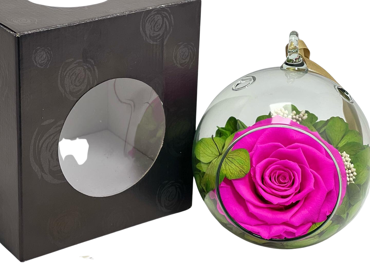 Esfera Colgante de Cristal con rosas y hortensias naturales preservadas