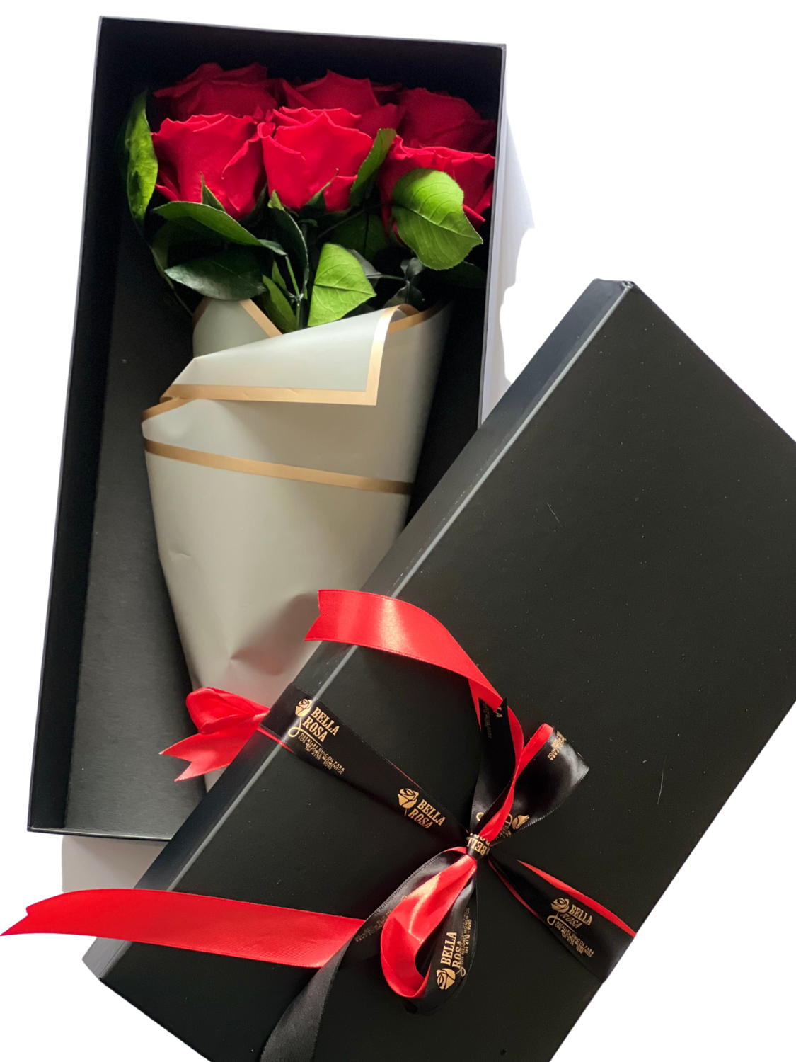 Caja elegante con ramo de 6 rosas naturales preservadas