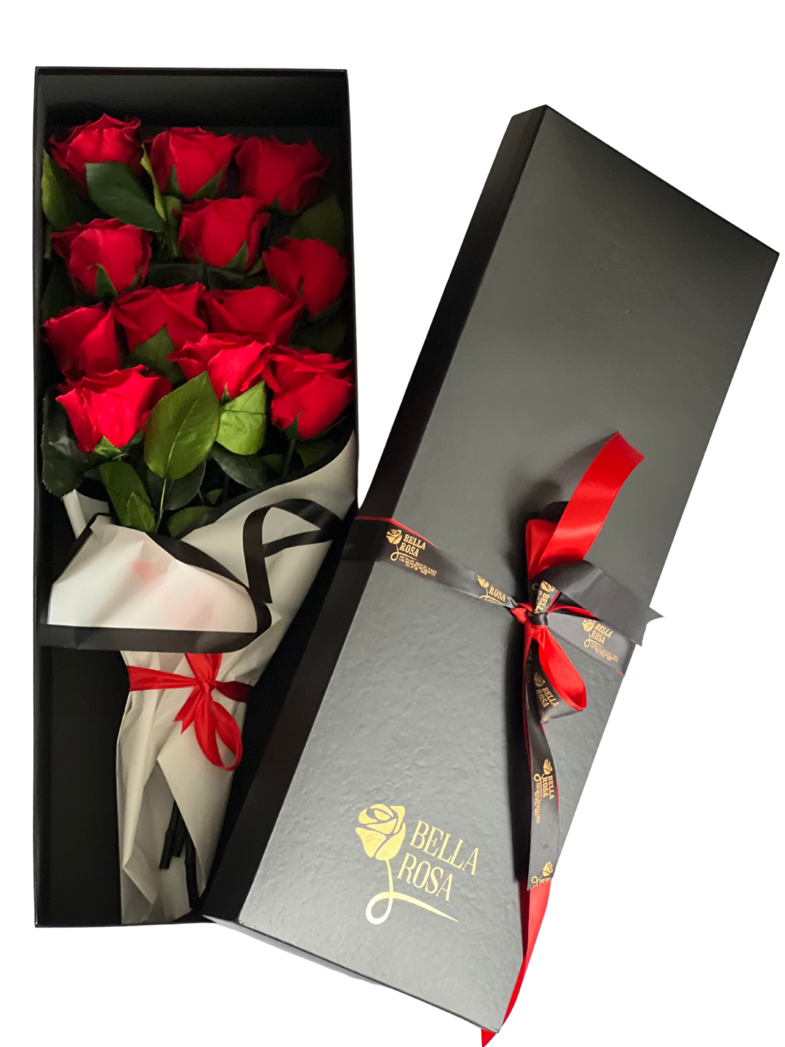 Caja elegante con ramo de 12 rosas naturales preservadas