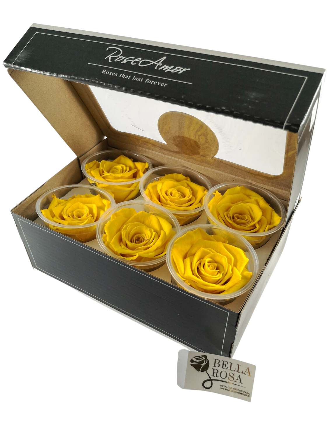 Caja con 6 rosas preservadas color amarillo 