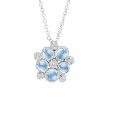 White Gold Diamond And Blue Topaz Bubble Cluster Pendant Necklace