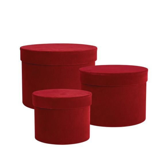 Round Velour Hat Box set of 3, Colour: Burgundy