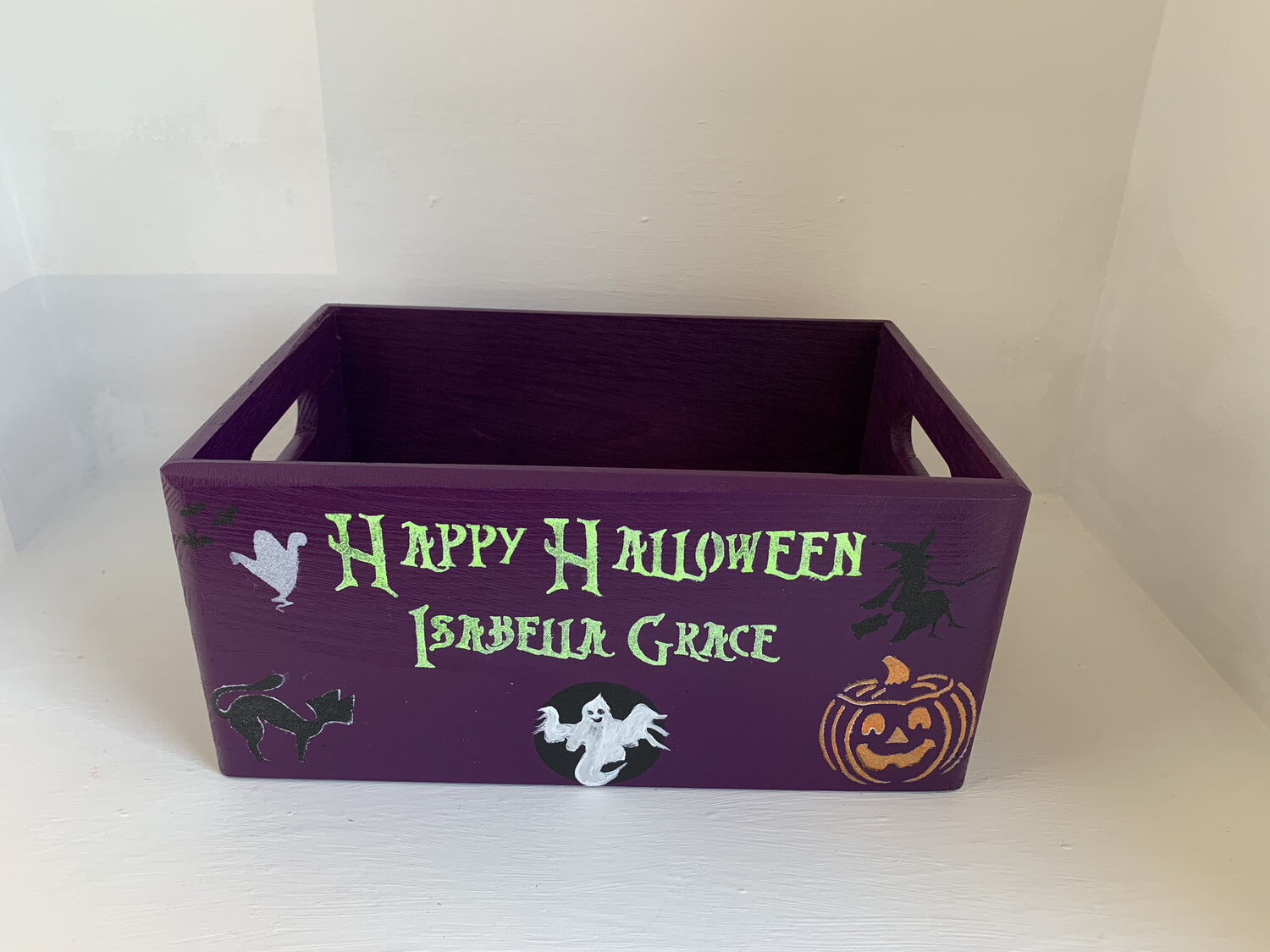Personalised wooden Halloween trick or treat crate box basket