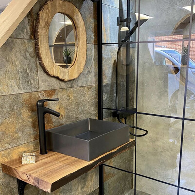 Live Edge Solid French Walnut wood Bespoke wash stand sink unit bathroom vanity Wooden vanity shelf