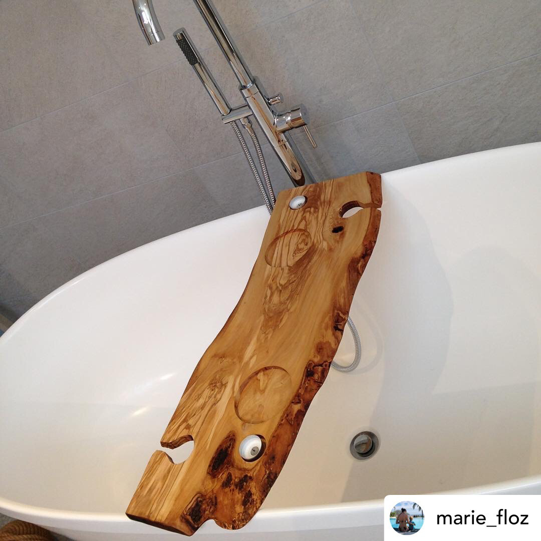 Double Live Edge Solid Olive wood Bespoke Rustic Bath Caddy Tray Tablet Holder
