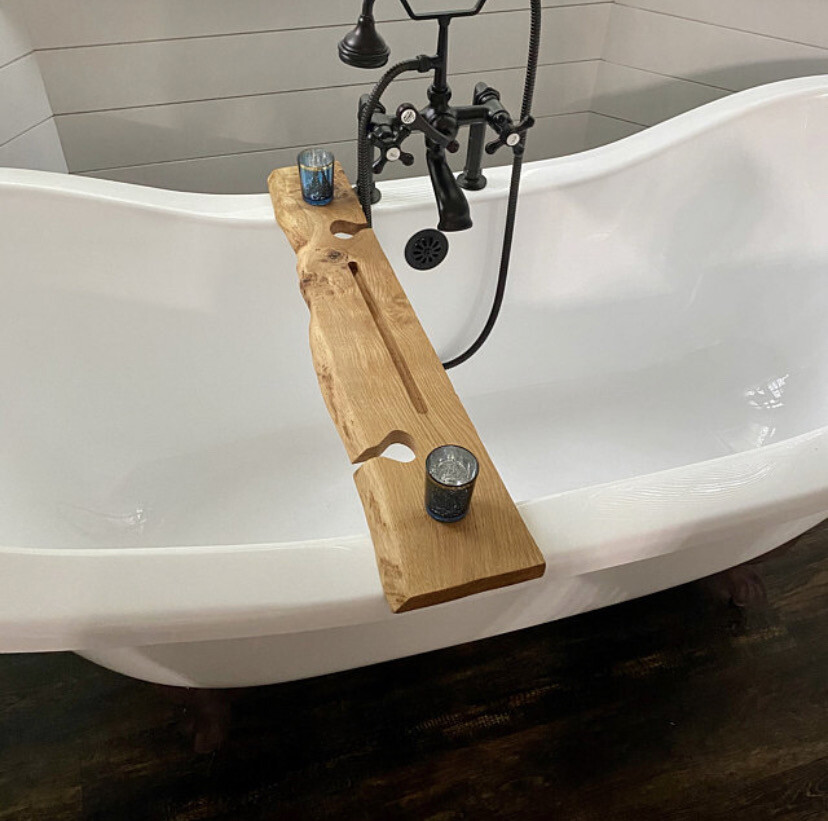 Live Edge Solid Oak wood Bespoke Rustic Bath Caddy Tray Tablet wine glass Holder