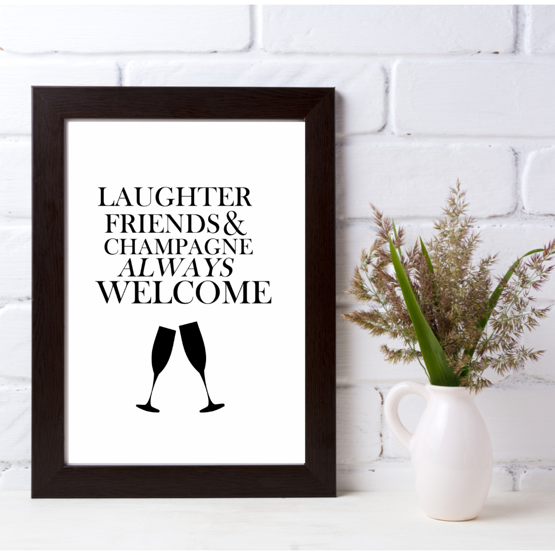 Laughter Friends & Champagne Black Glasses Print | Kitchen Wall Art | Kitchen Prints | Food Prints | Kitchen Print | Kitchen Decor | Home Prints | Home Print