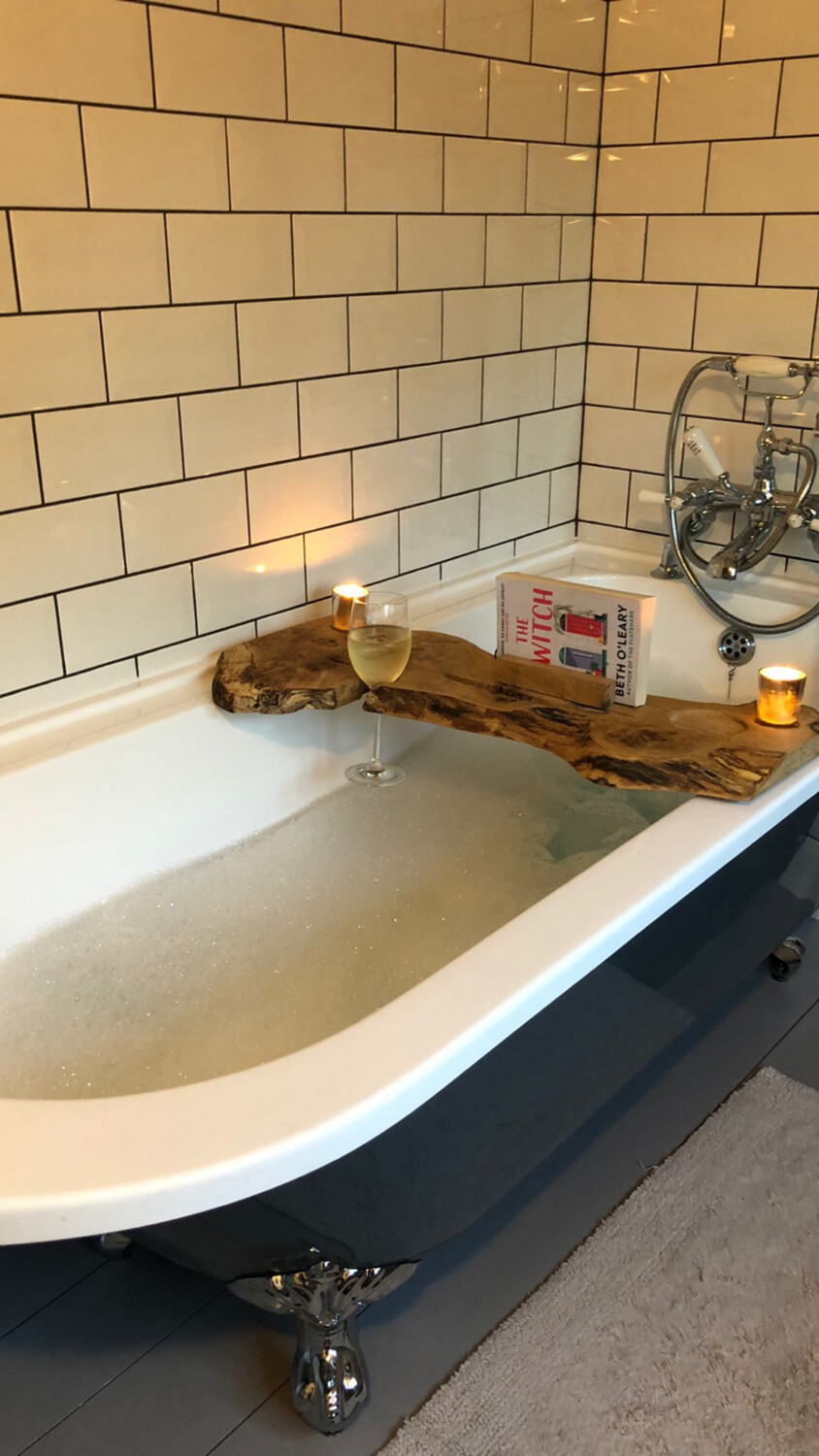 Double Live Edge Solid Pippy Oak wood Bespoke Rustic Bath Caddy Tray Tablet Holder