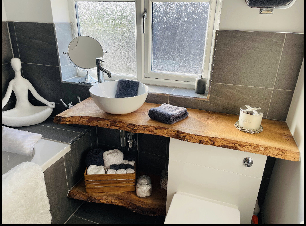 Live Edge Solid Pippy Oak Wood Character Rustic wood Bespoke Rustic wash stand sink unit bathroom vanity unit Wooden vanity countertop shelf