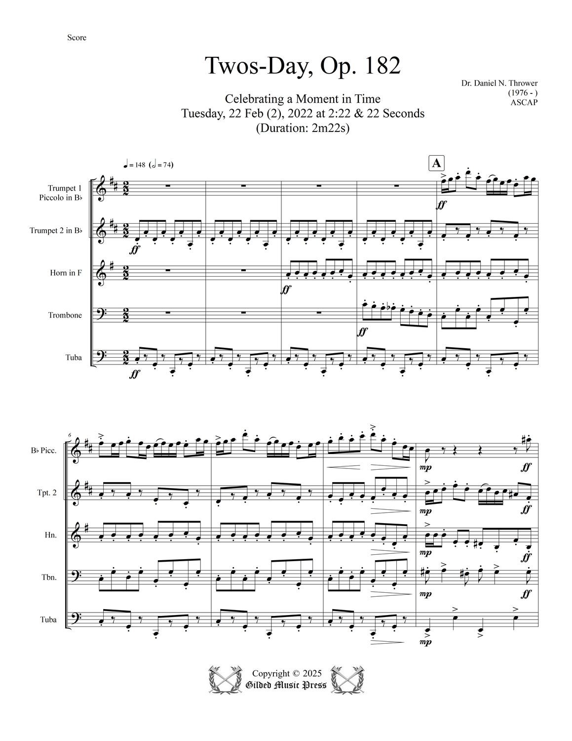 GMP 3099: Twos-Day, Op. 182 (Brass Quintet), Dr. Daniel Thrower
