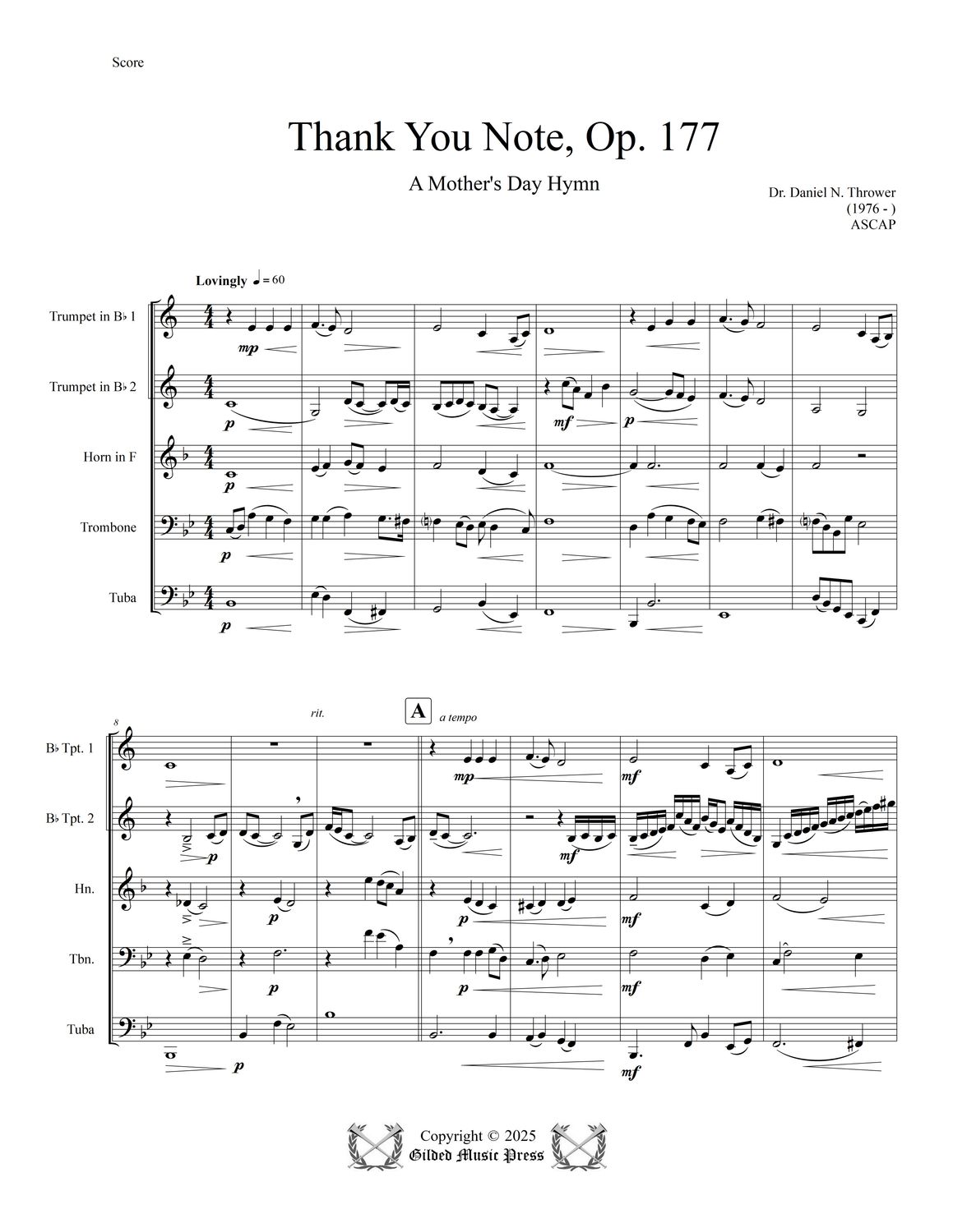 GMP 3094: Thank You Note, Op. 177 (Brass Quintet), Dr. Daniel Thrower