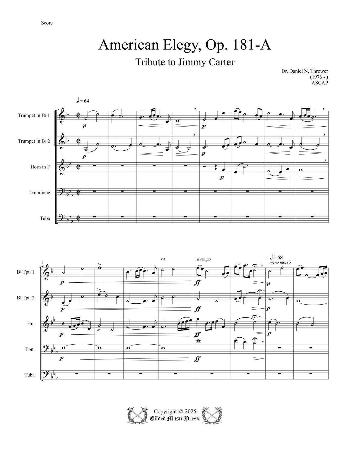 GMP 3098: American Elegy, A Tribute to Jimmy Carter, Op. 181-A (Brass Quintet), Dr. Daniel Thrower