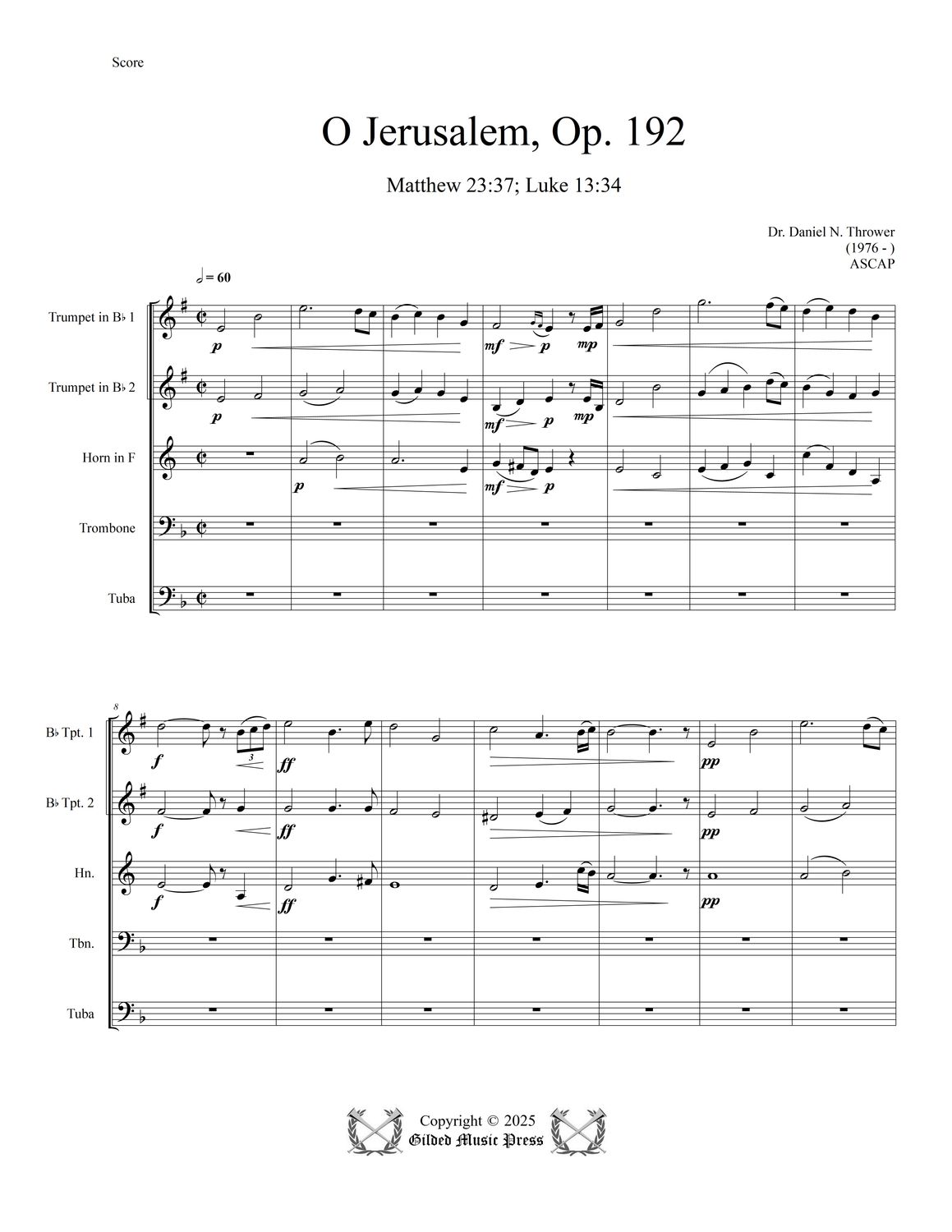 GMP 3109: O Jerusalem, Op. 192 (Brass Quintet), Dr. Daniel Thrower