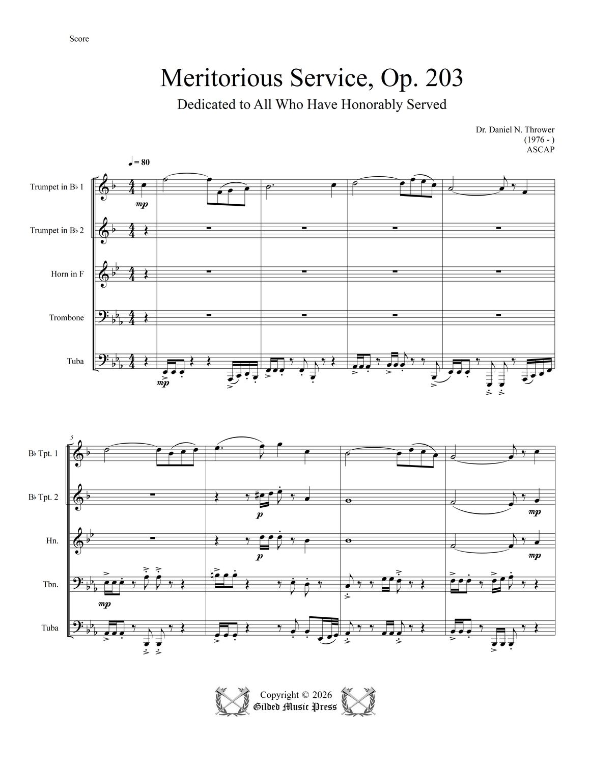 GMP 3121: Meritorious Service, Op. 203 (Brass Quintet), Dr. Daniel Thrower
