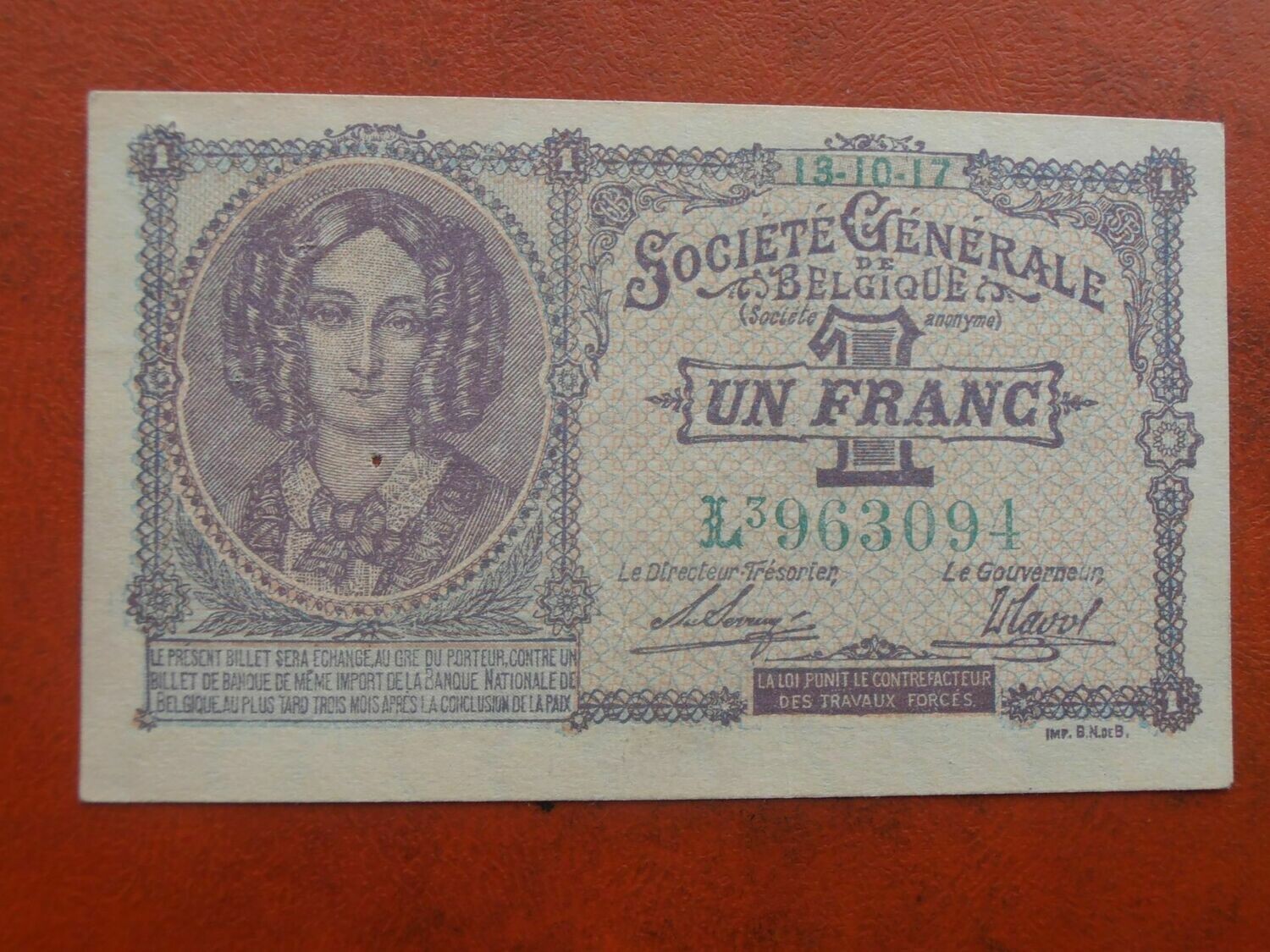 Belgium 1 Franc - 1917 Scarce