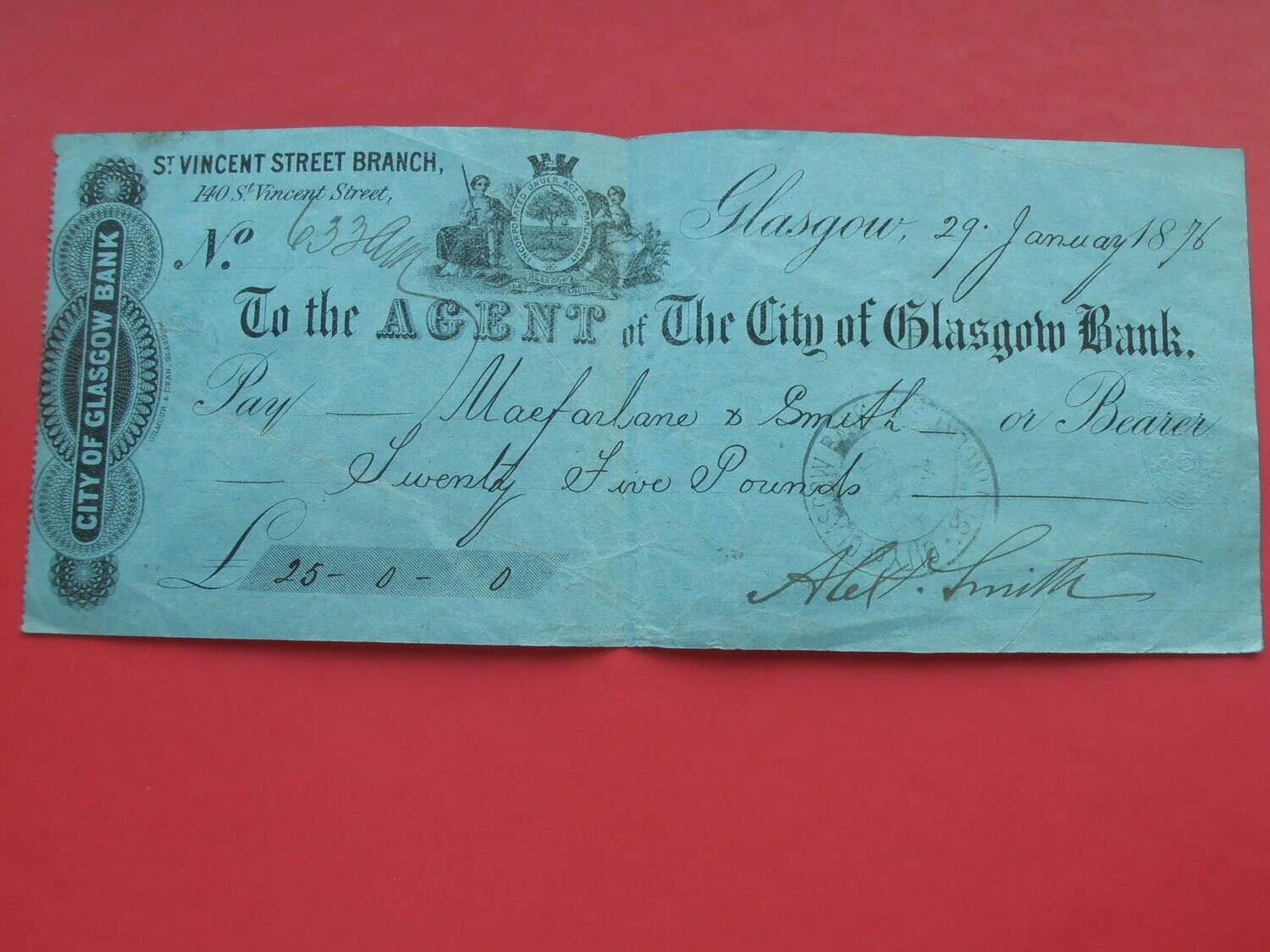 City of Glasgow Bank Cheque  -  1876