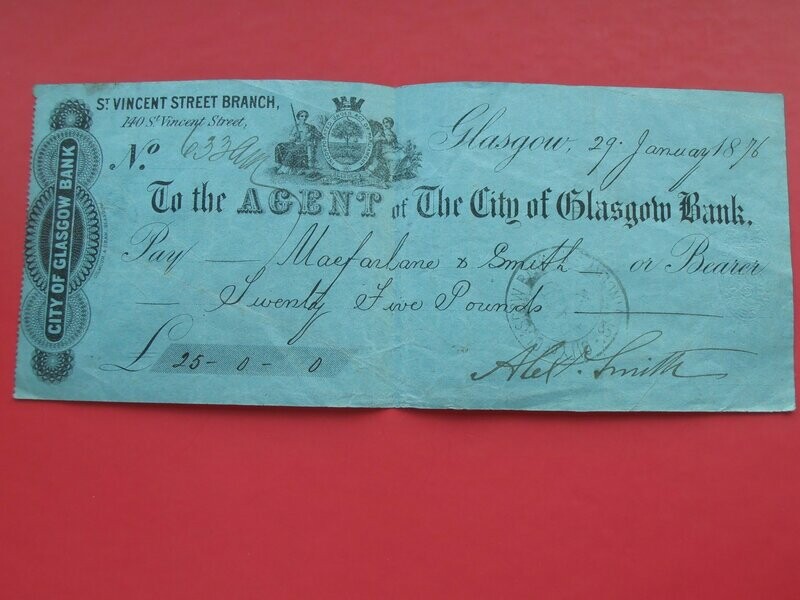City of Glasgow Bank Cheque  -  1876