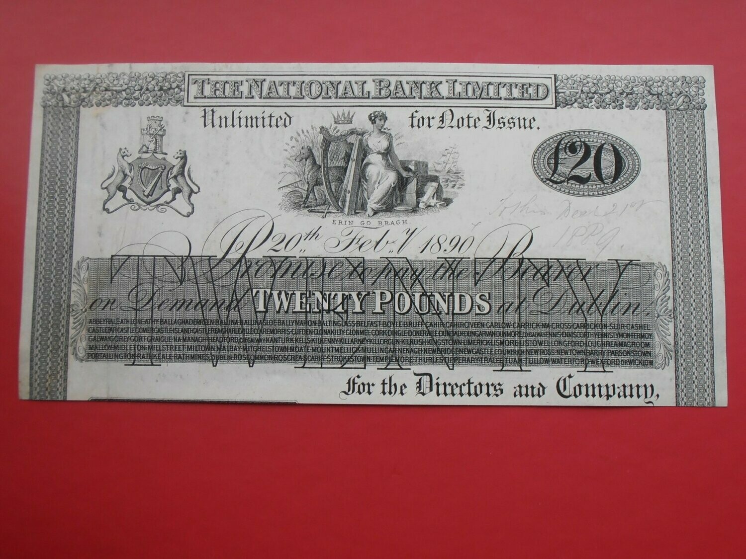 The National Bank £20  -  1890 Cut Proof