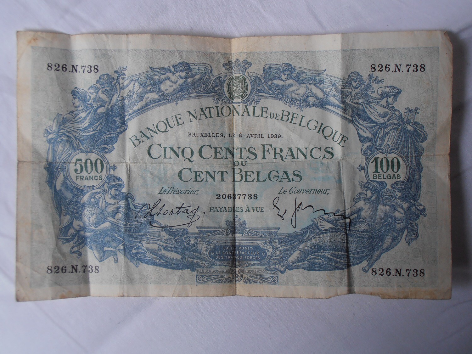 Belgium 500 Francs 100 Belgas - 1939