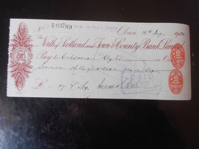 North of Scotland Town & County Bank Cheque - 1920