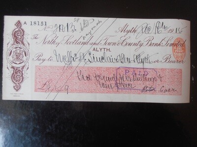 North of Scotland Town & County Bank Cheque - 1915