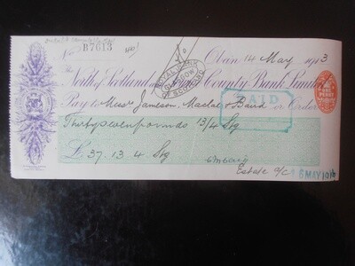 North of Scotland Town & County Bank Cheque - 1913