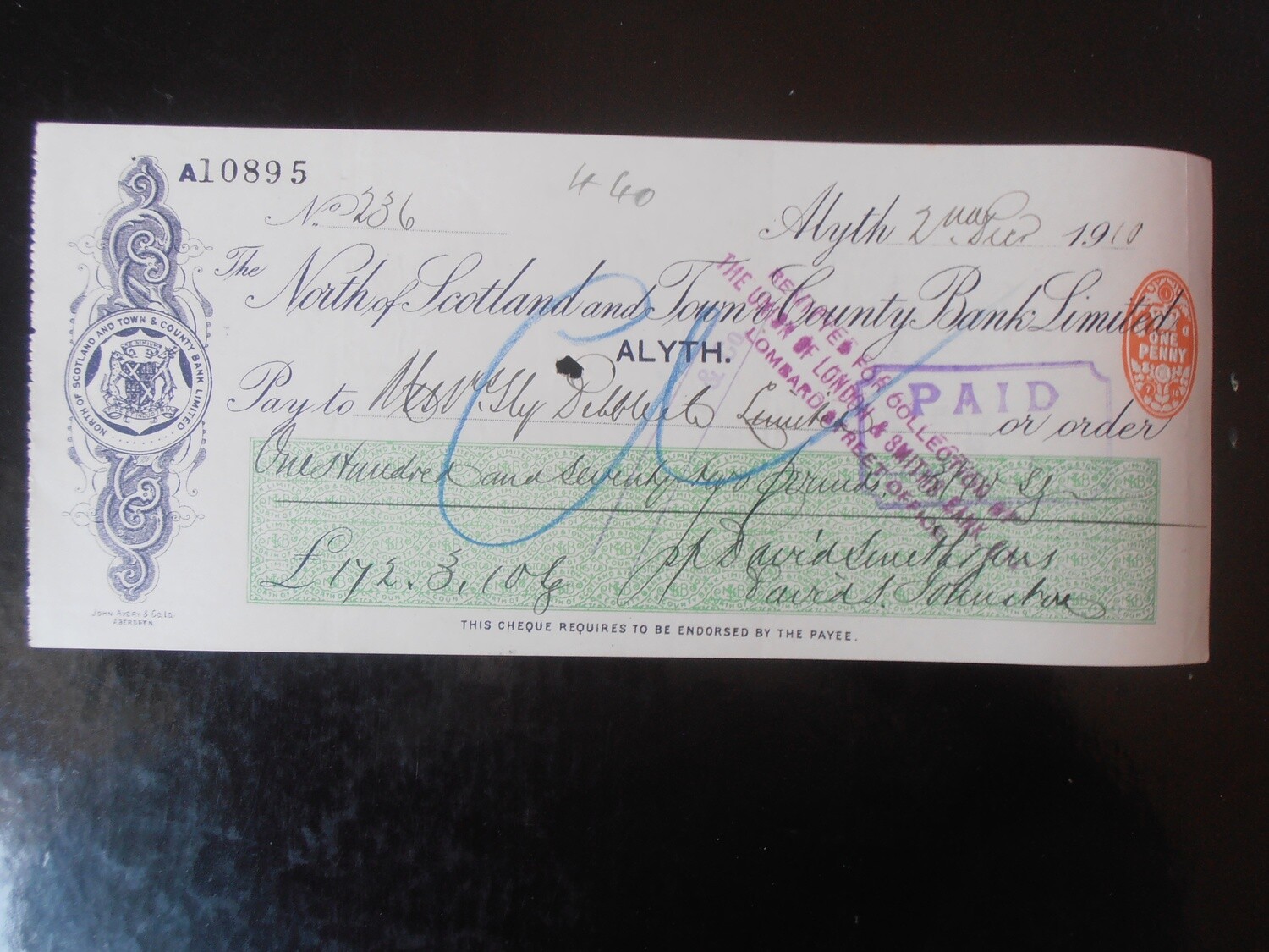 North of Scotland Town & County Bank Cheque - 1910
