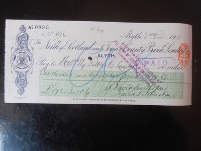 North of Scotland Town & County Bank Cheque - 1910