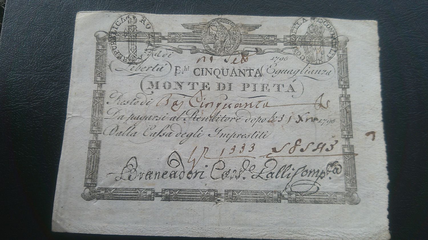 Italy Roman Republic 50 Paoli - 1798 (Monte Di Pieta)