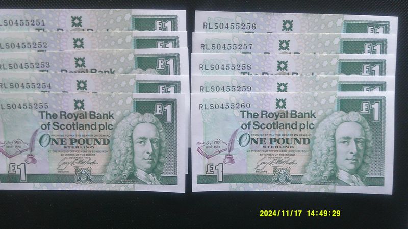 Royal Bank of Scotland £1  -  1994 (R.L.S.) x 10 Consecutive.