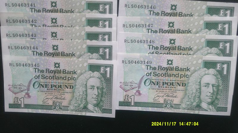Royal Bank of Scotland £1 - 1994 (R.L.S.) x 9 Consecutive