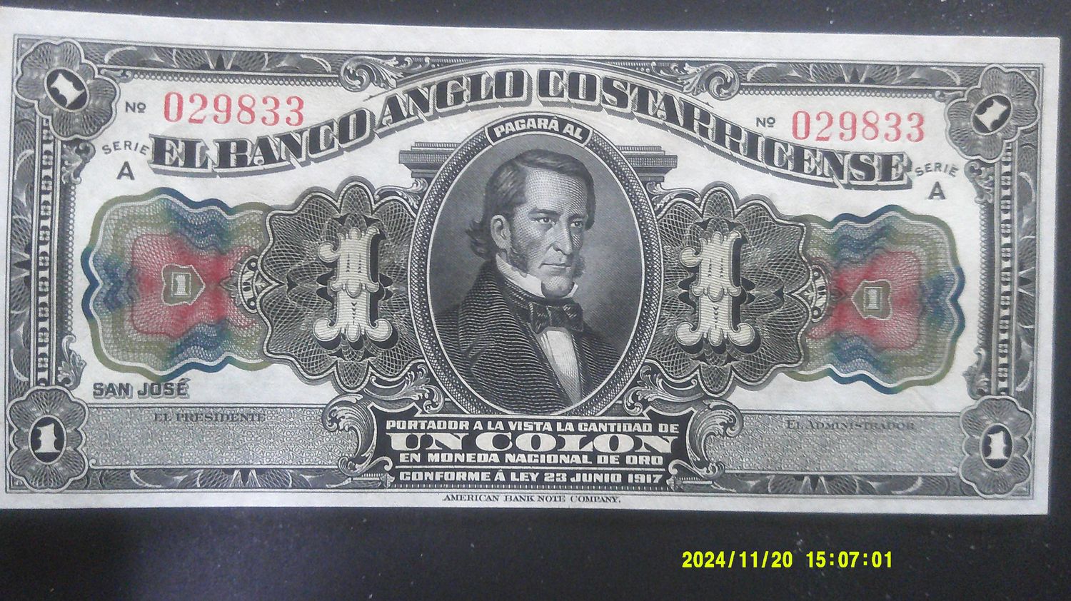 Costa Rica 1 Colon  -  Ley 1917