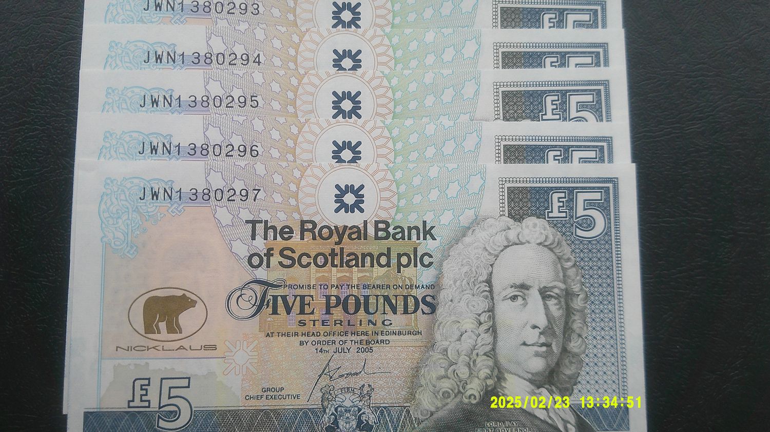 Royal Bank of Scotland £5 - 2005 5 Consecutive Banknotes