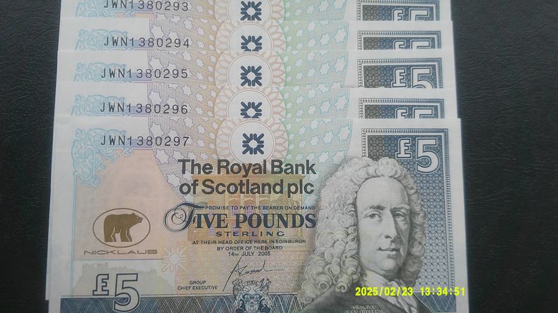 Royal Bank of Scotland £5 - 2005 5 Consecutive Banknotes