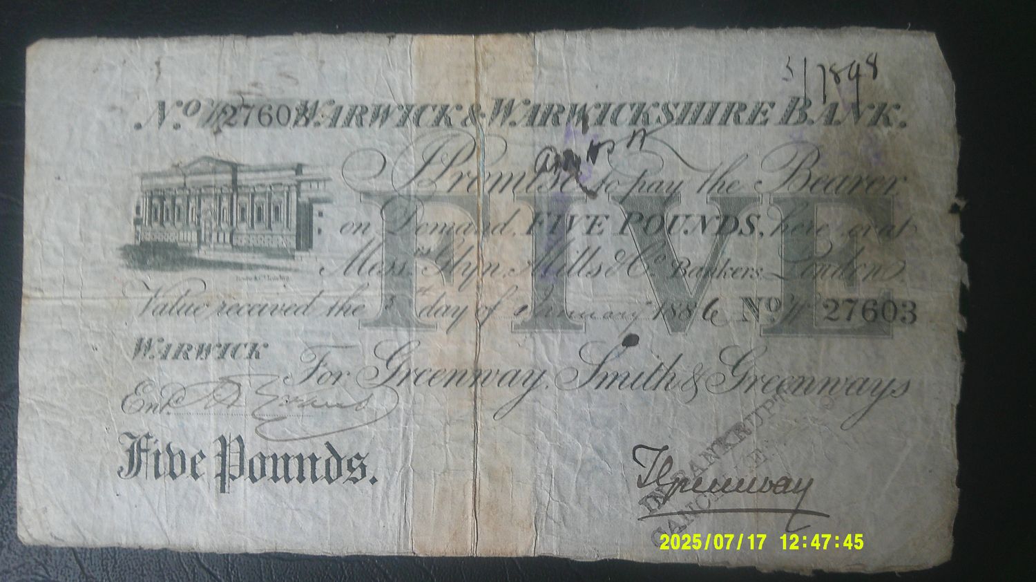 WAewick & Warwickshire Bank Five Pounds - 1886