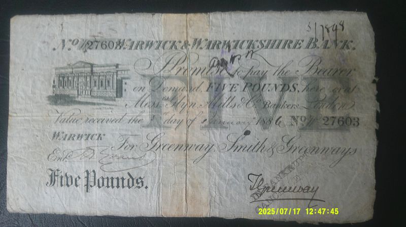 WAewick & Warwickshire Bank Five Pounds - 1886