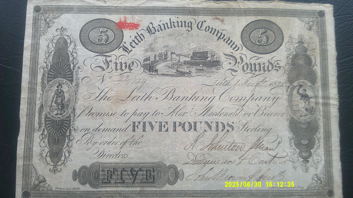 Leith Banking Company £5 - 1825 Leith Banking Company £5 - 1825