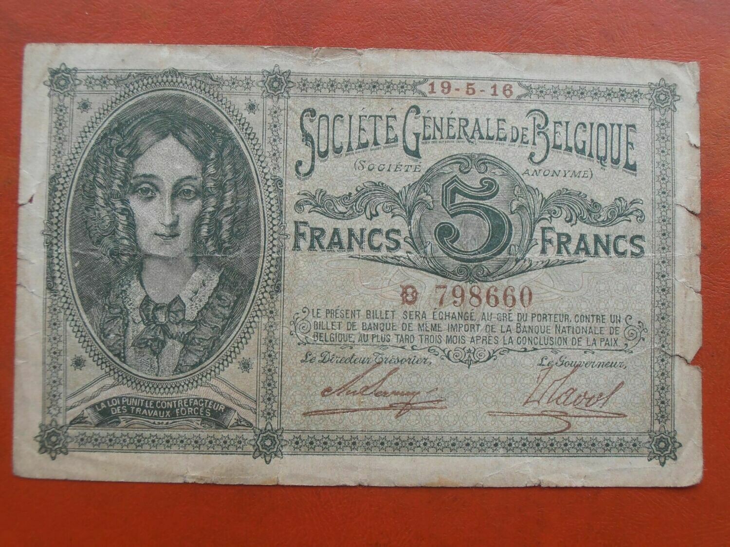 Belgium 5 Francs - 1916 Scarce Belgium 5 Francs - 1916 Scarce