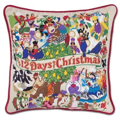 12 Days of Christmas Hand-Embroidered Pillow by Catstudio