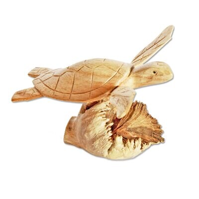 Carved Wood Swimming Turtle Figurine