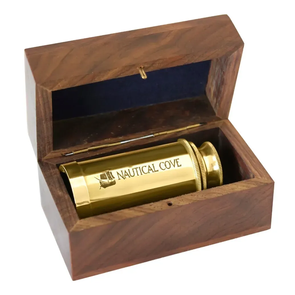 Nautical Cove Brass Pullout 6" Telescope With Rosewood Box